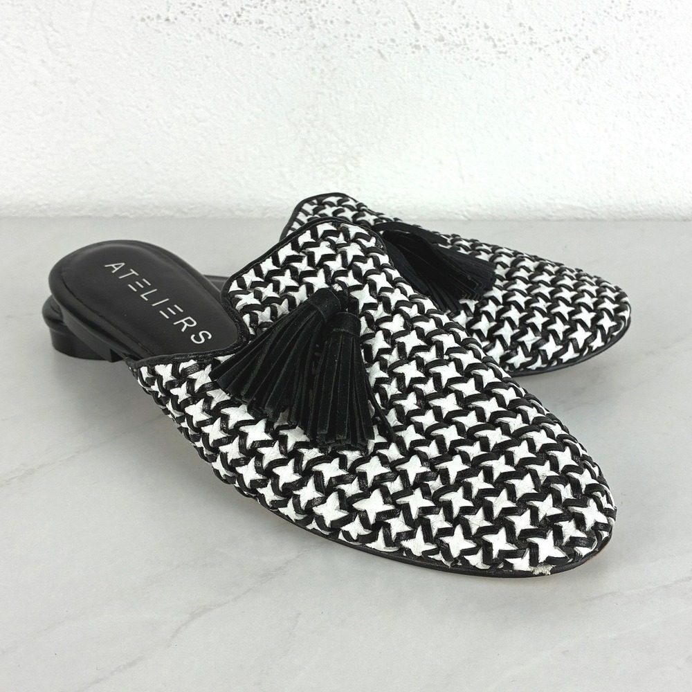 Ateliers Black White Woven Tassel Mules - 40- Star Pattern Pointed Toe Boho Chic